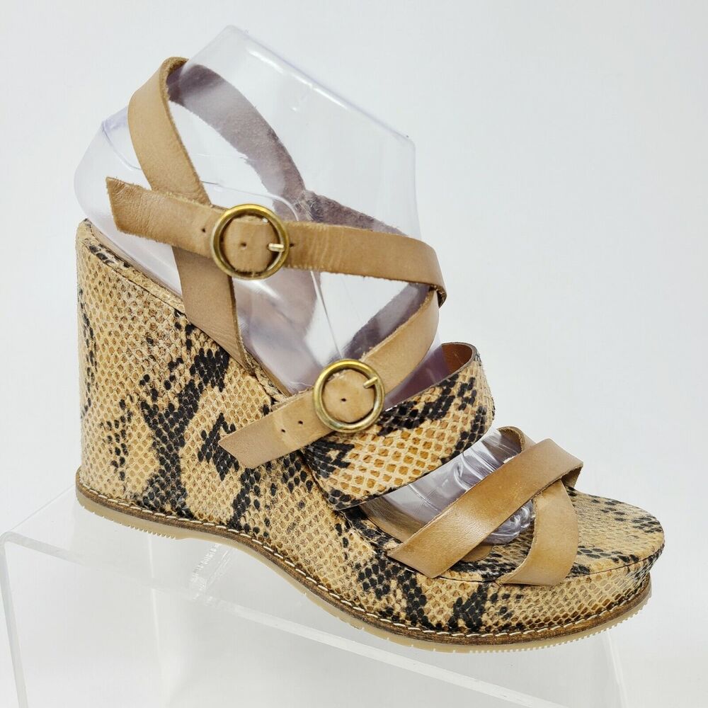 Andre Assous Spain Leather Stappy Sandal Snake Print Brown Tan Wedges Size 10